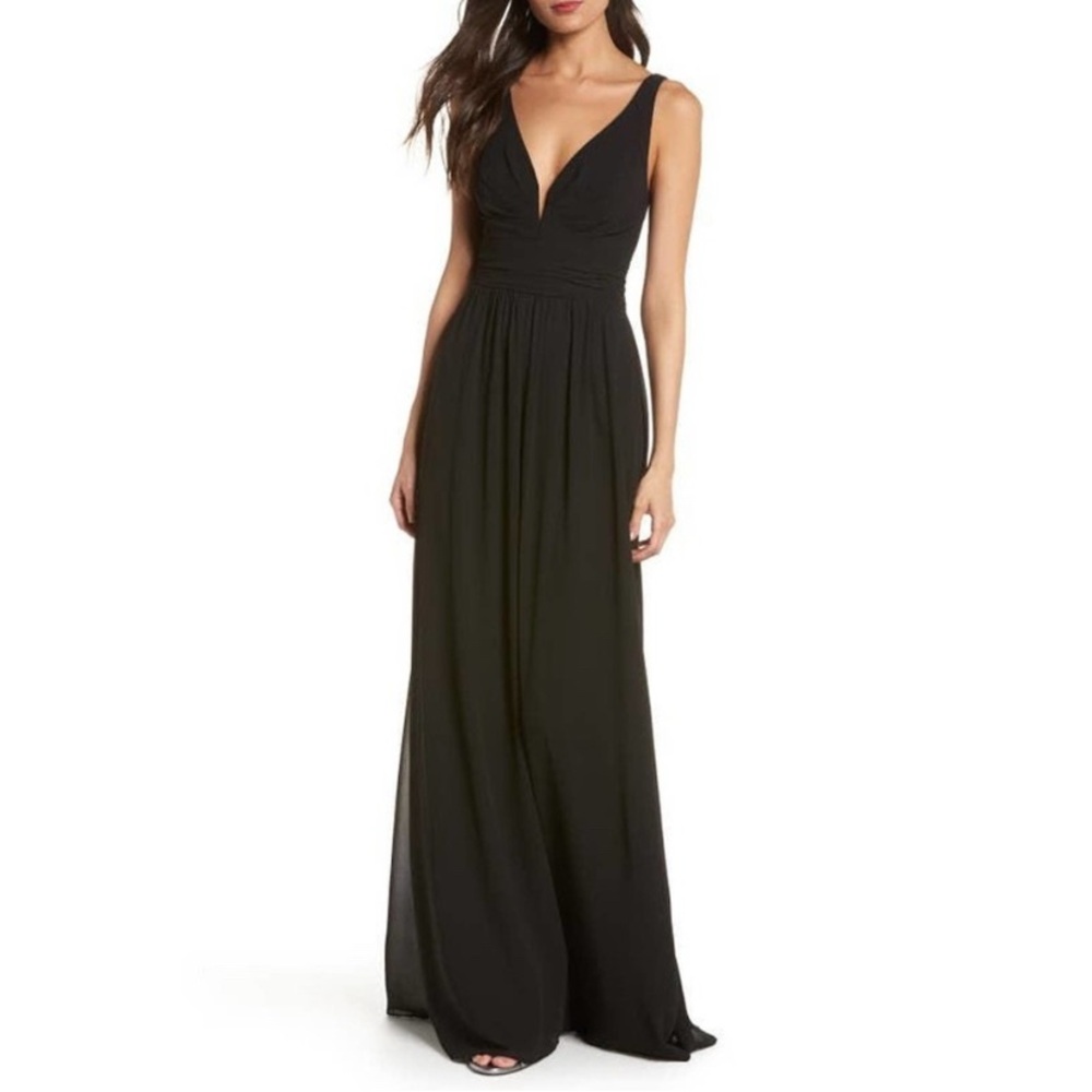 Lulu’s Black Ruched A-Line Chiffon Maxi Dress